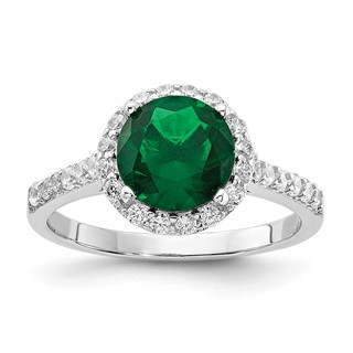 Sterling Silver Rhodium-plated Green Glass Round Center and CZ Halo Ring