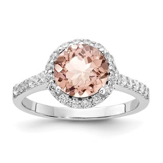 Sterling Silver Rhodium-plated Morganite Glass Center and CZ Halo Ring