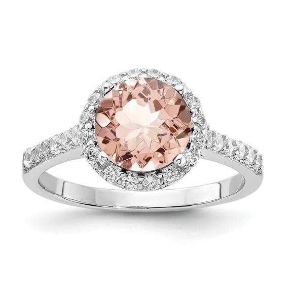 Sterling Silver Rhodium-plated Morganite Glass Center and CZ Halo Ring