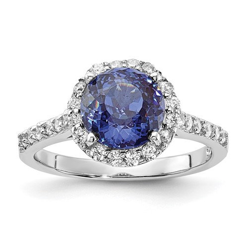 Sterling Silver Rhodium-plated Round Blue Center and CZ Halo Ring