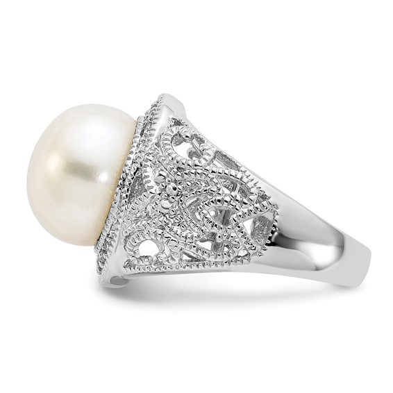 Sterling Silver Rhodium-plated CZ and Freshwater Cultured Pearl Ring