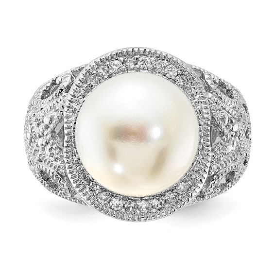 Sterling Silver Rhodium-plated CZ and Freshwater Cultured Pearl Ring