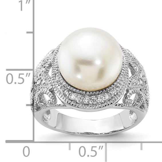 Sterling Silver Rhodium-plated CZ and Freshwater Cultured Pearl Ring