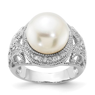 Sterling Silver Rhodium-plated CZ and Freshwater Cultured Pearl Ring