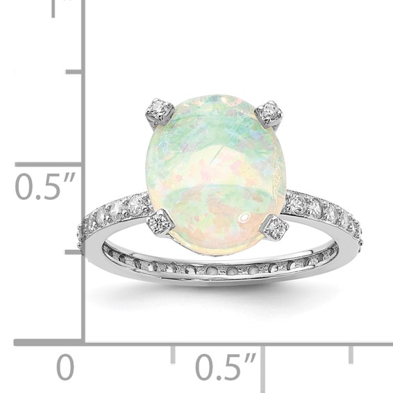 Sterling Silver Rhodium-plated Lab Created White Oval Opal and CZ Ring