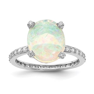 Sterling Silver Rhodium-plated Lab Created White Oval Opal and CZ Ring