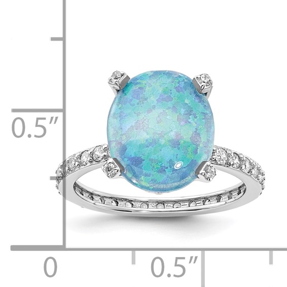 Sterling Silver Rhodium-plated Clear CZ and Lab Created Blue Opal Ring