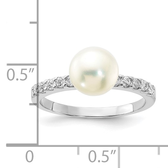 Sterling Silver Rhodium-plated 8mm FW Cultured Button Pearl & CZ Ring