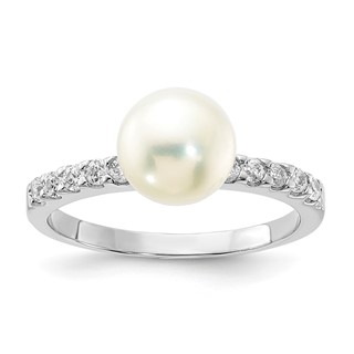 Sterling Silver Rhodium-plated 8mm FW Cultured Button Pearl & CZ Ring