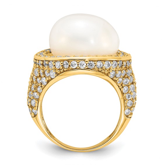 Sterling Silver Gold-plated Freshwater Cultured Pearl & CZ Ring