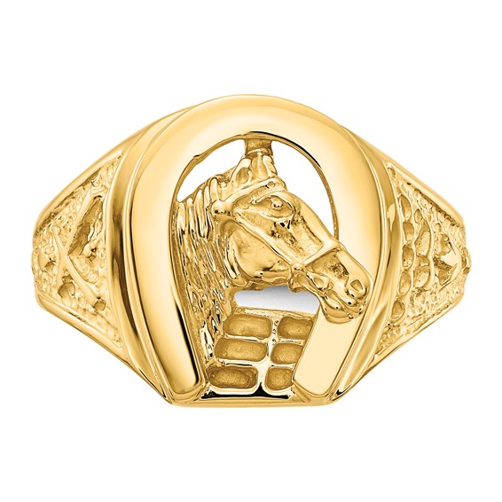 IB Goodman 14k Polished Horseshoe with Horse in Center Mens Ring