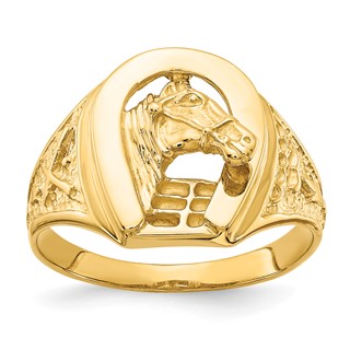 IB Goodman 14k Polished Horseshoe with Horse in Center Mens Ring