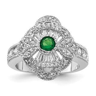 Sterling Silver Rhodium-plated Green Center CZ Fancy Ring