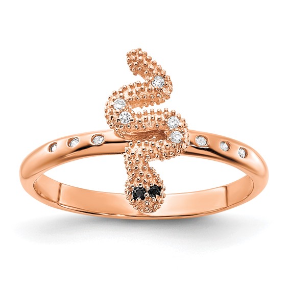 Sterling Silver Rose Gold-plated Black and White CZ Snake Size 5 Ring
