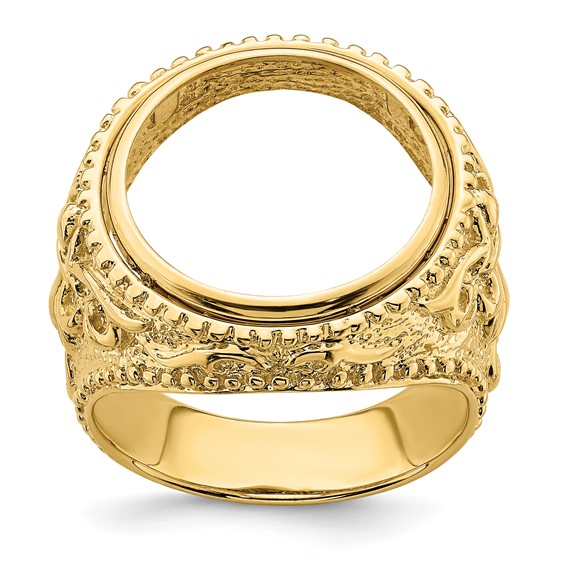 Wideband Distinguished Coin Jewelry 14k Men's Polished and Textured Fancy Filigree Design 16.5mm Coin Bezel Ring