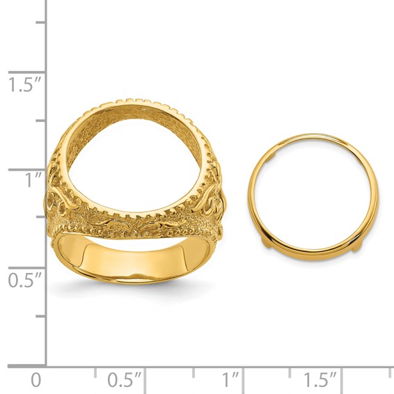 Wideband Distinguished Coin Jewelry 10k Men's Polished and Textured Fancy Filigree Design 16.5mm Coin Bezel Ring