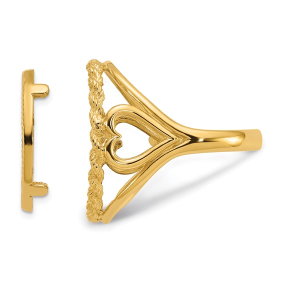 Wideband Distinguished Coin Jewelry 14k Ladies' Polished and Diamond-cut Heart Sides with Rope Edge 18.0mm Coin Bezel Ring