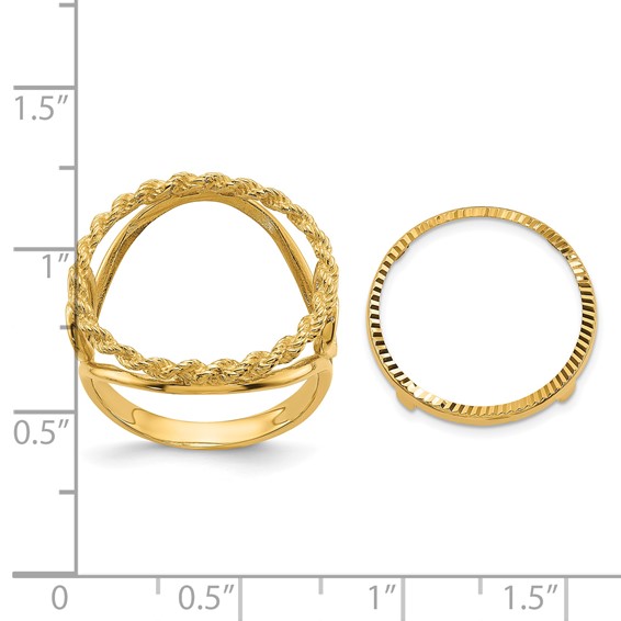 Wideband Distinguished Coin Jewelry 14k Ladies' Polished and Diamond-cut Heart Sides with Rope Edge 16.5mm Coin Bezel Ring