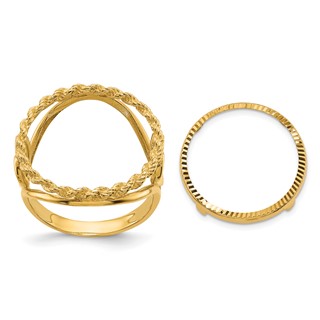 Wideband Distinguished Coin Jewelry 14k Ladies' Polished and Diamond-cut Heart Sides with Rope Edge 18.0mm Coin Bezel Ring