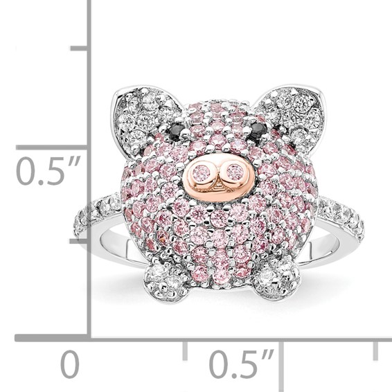 Sterling Silver Rhodium-plated and Rose Gold-plated Black Pink and White CZ Pig Ring
