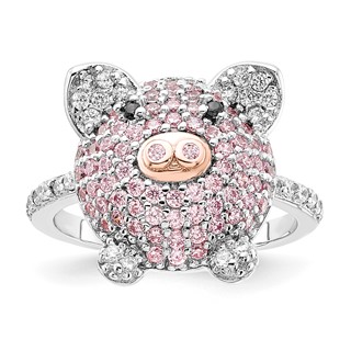Sterling Silver Rhodium-plated and Rose Gold-plated Black Pink and White CZ Pig Ring