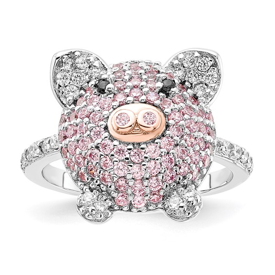 Sterling Silver Rhodium-plated and Rose Gold-plated Black Pink and White CZ Pig Ring