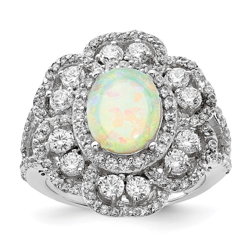 Sterling Silver White Opal Center and CZ Accent Fancy Ring