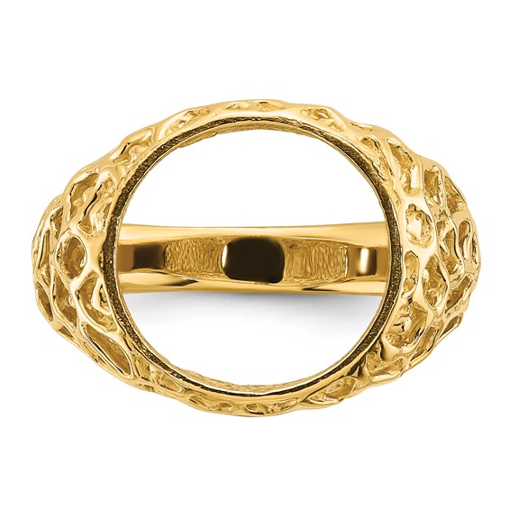 14ky Polished Men's Carved Nugget Coin Bezel Ring                     