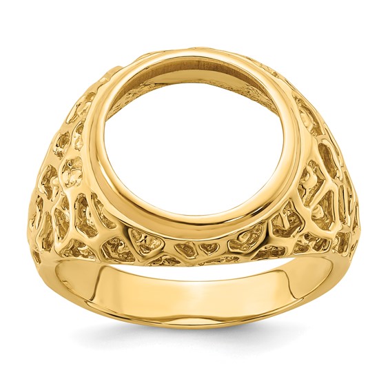 14ky Polished Men's Carved Nugget Coin Bezel Ring                     