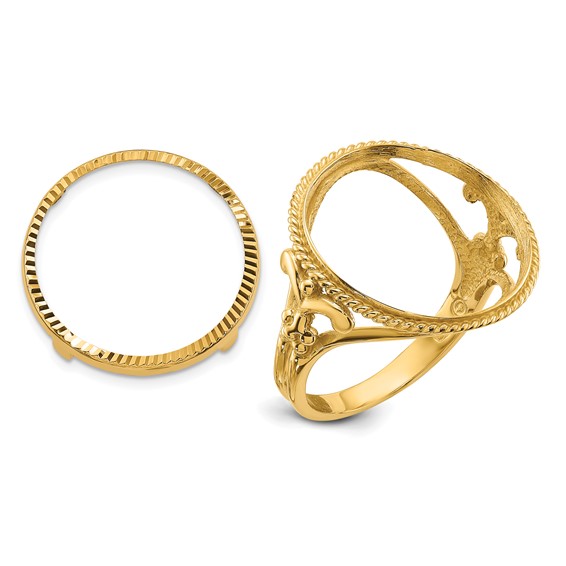 Wideband Distinguished Coin Jewelry 14k Ladies' Polished and Diamond-cut Fancy Wire with Twisted Edge 16.5mm Coin Bezel Ring