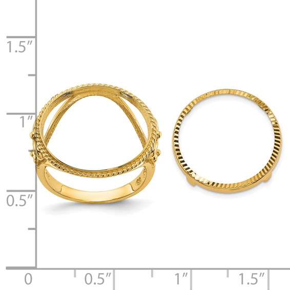 Wideband Distinguished Coin Jewelry 14k Ladies' Polished and Diamond-cut Fancy Wire with Twisted Edge 16.5mm Coin Bezel Ring