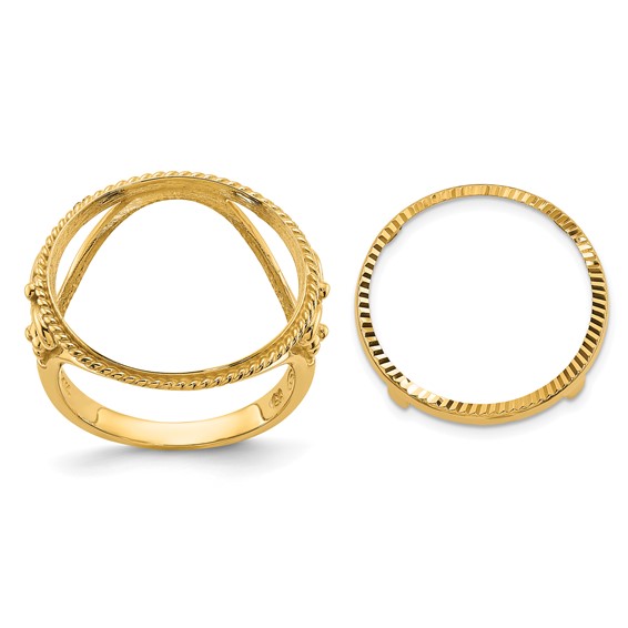 Wideband Distinguished Coin Jewelry 14k Ladies' Polished and Diamond-cut Fancy Wire with Twisted Edge 16.5mm Coin Bezel Ring