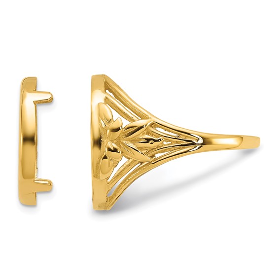 Wideband Distinguished Coin Jewelry 14k Ladies' Polished Fancy Wire and Leaf 14.0mm Coin Bezel Ring