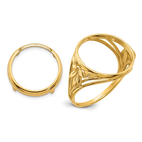 Wideband Distinguished Coin Jewelry 14k Ladies' Polished Fancy Wire and Leaf 14.0mm Coin Bezel Ring