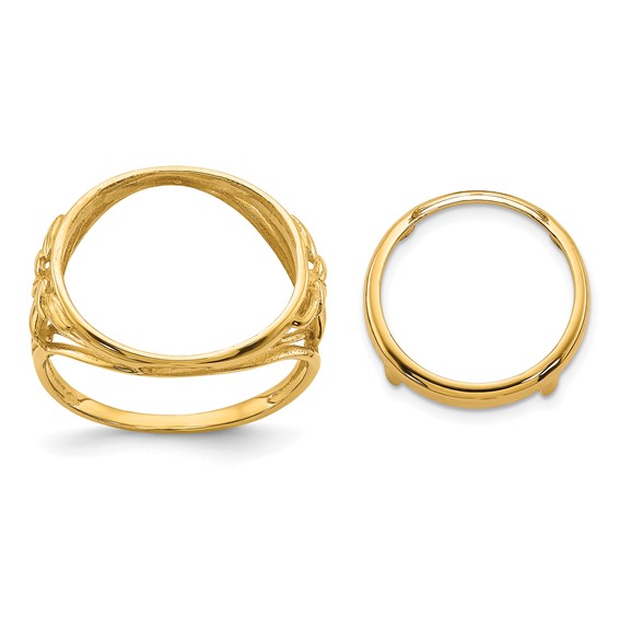 Wideband Distinguished Coin Jewelry 14k Ladies' Polished Fancy Wire and Leaf 14.0mm Coin Bezel Ring