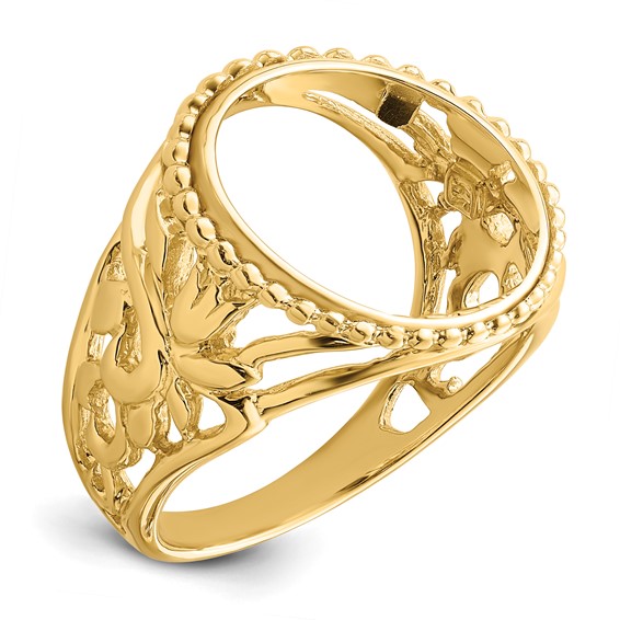 14ky Ladies' Wire Beaded Edge Filigree Prong Coin Bezel Ring          