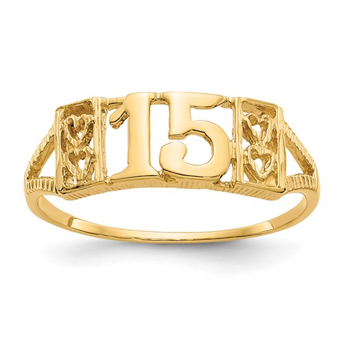 14K Yellow Gold Quinceanera 15 Ring with Hearts