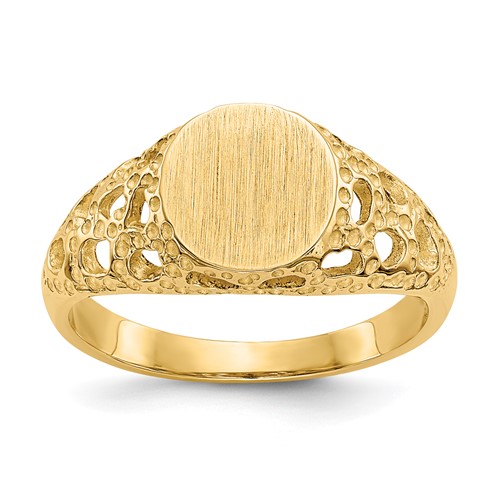 14K Yellow Gold 7.5x 7.5mm Open Back Round Filigree Signet Ring, Size 4