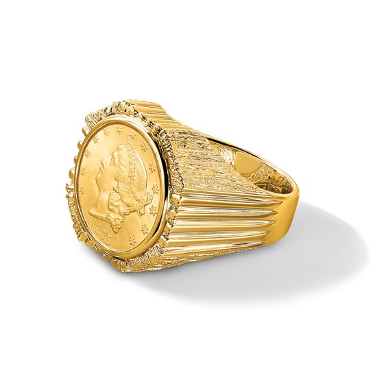 Wideband Distinguished Coin Jewelry 14k Men's Polished Vertical Fluting with Textured Sides 17.8mm Coin Bezel Ring