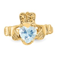 14K Yellow Gold March CZ Heart Birthstone Claddagh Ring view 5