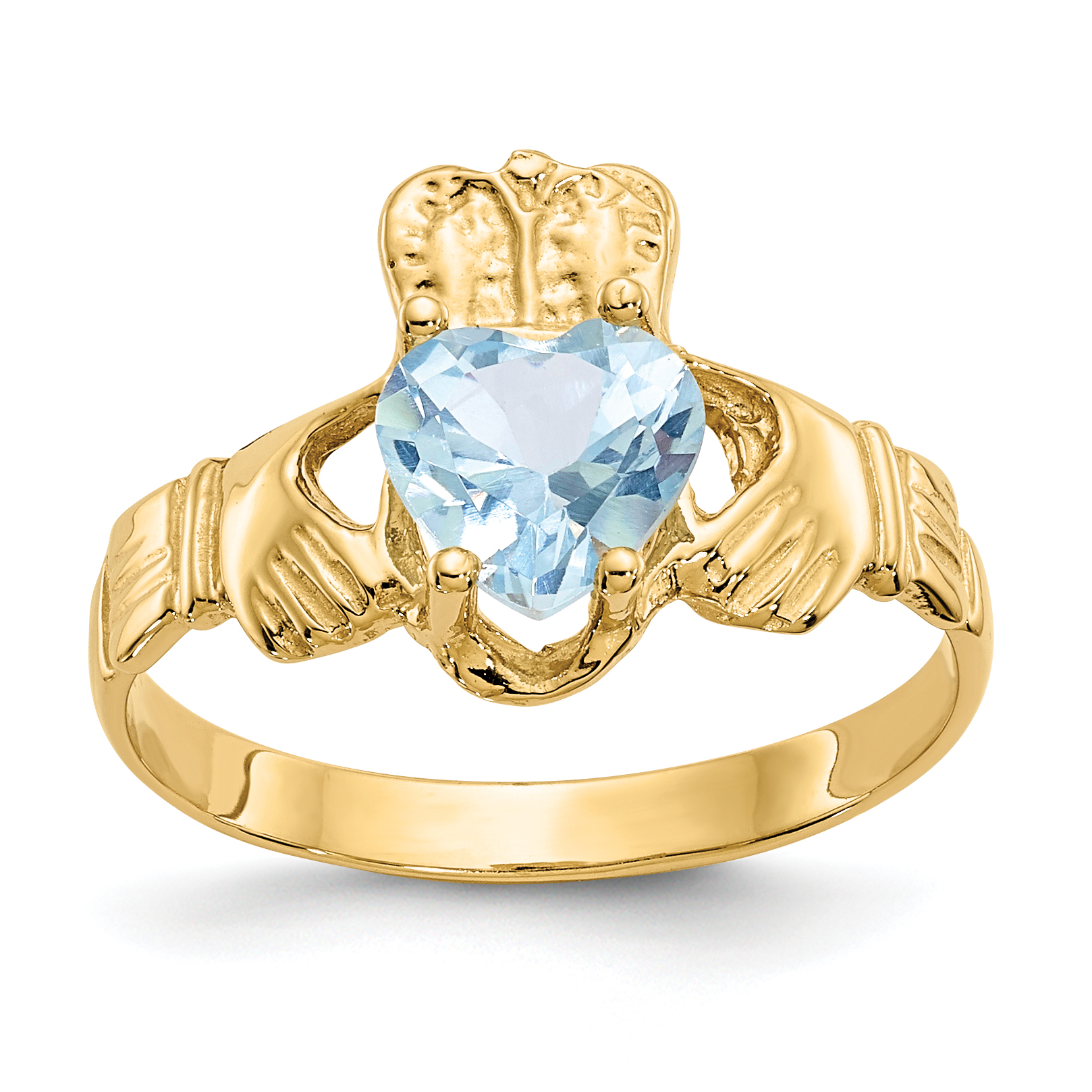 14k March CZ Birthstone Claddagh Ring (R489)