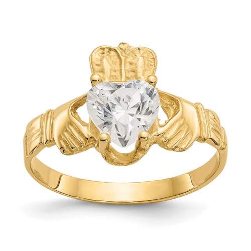 14K Yellow Gold April CZ Heart Birthstone Claddagh Ring