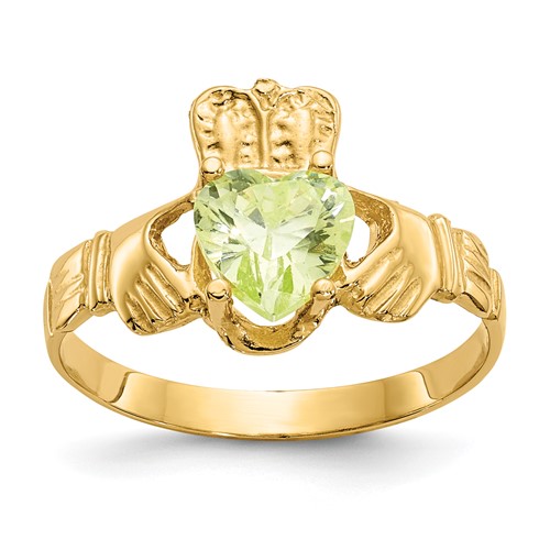 14K Yellow Gold August CZ Heart Birthstone Claddagh Ring