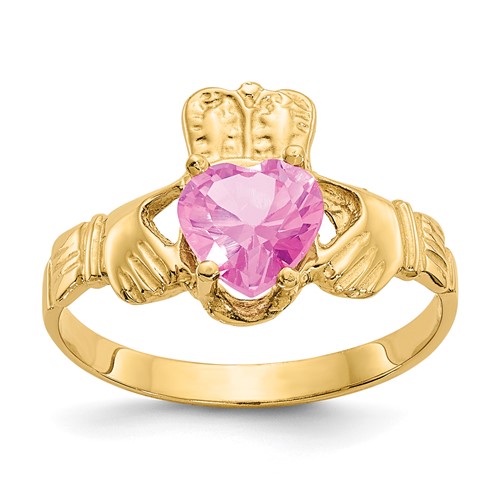 14K Yellow Gold October CZ Heart Birthstone Claddagh Ring