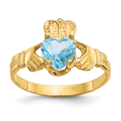 14K Yellow Gold December CZ Heart Birthstone Claddagh Ring