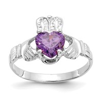 14K White Gold February CZ Heart Birthstone Claddagh Ring view 1