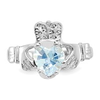 14K White Gold March CZ Heart Birthstone Claddagh Ring view 5