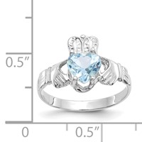 14K White Gold March CZ Heart Birthstone Claddagh Ring view 3