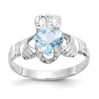 14K White Gold March CZ Heart Birthstone Claddagh Ring view 1