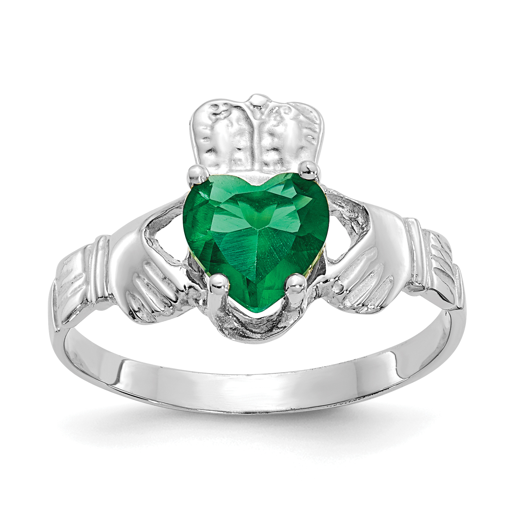 14k White Gold May CZ Birthstone Claddagh Ring (R503)